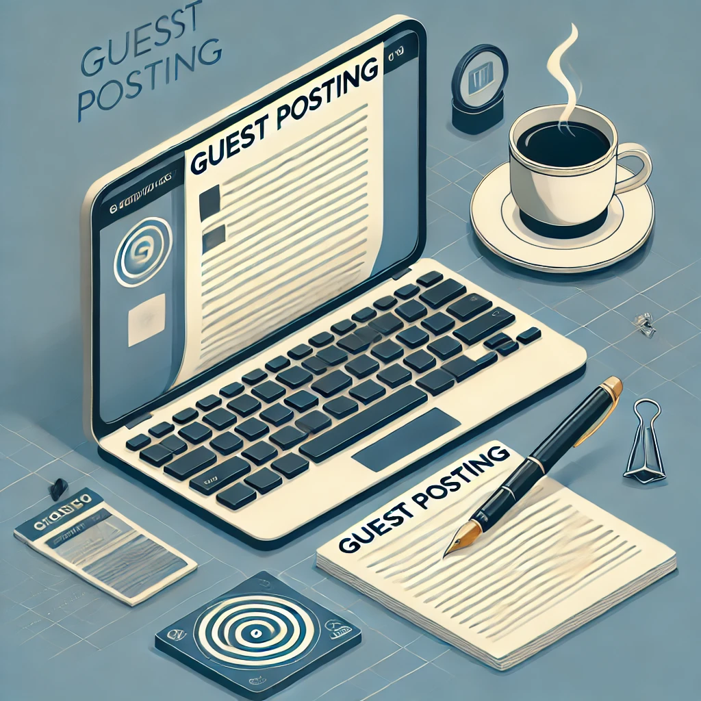 "A laptop with a content draft on the screen, a pen, and a cup of coffee on a neat desk, symbolizing creativity and guest posting."